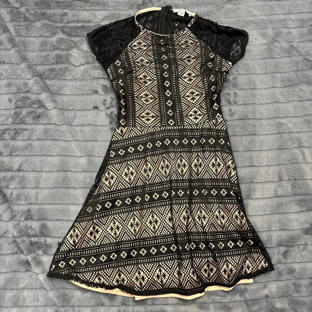 Adam Levine Womens Black Lace Fit Flare Dress Mock Neck Nude Lining Size M
